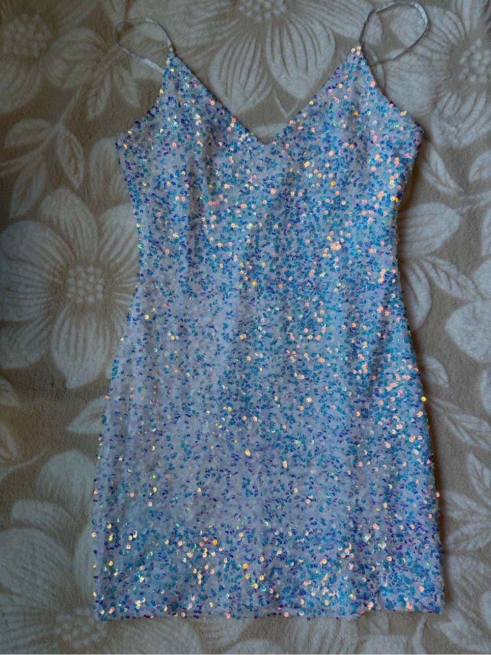 Windsor Iridescent Blue Sequin Spaghetti Strap Mini Dress
